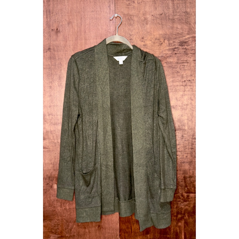 Market Spruce Womens Olive Green Open Front Shawl Collar Knit Cardigan